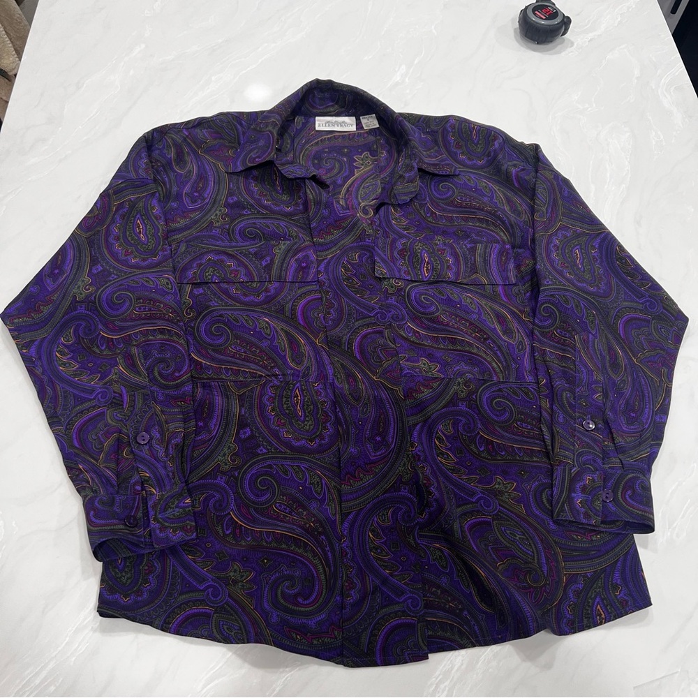 Vintage 100% Silk Ellen Tracy Paisley Button-Up Shirt Women’s Size 2P Classic
